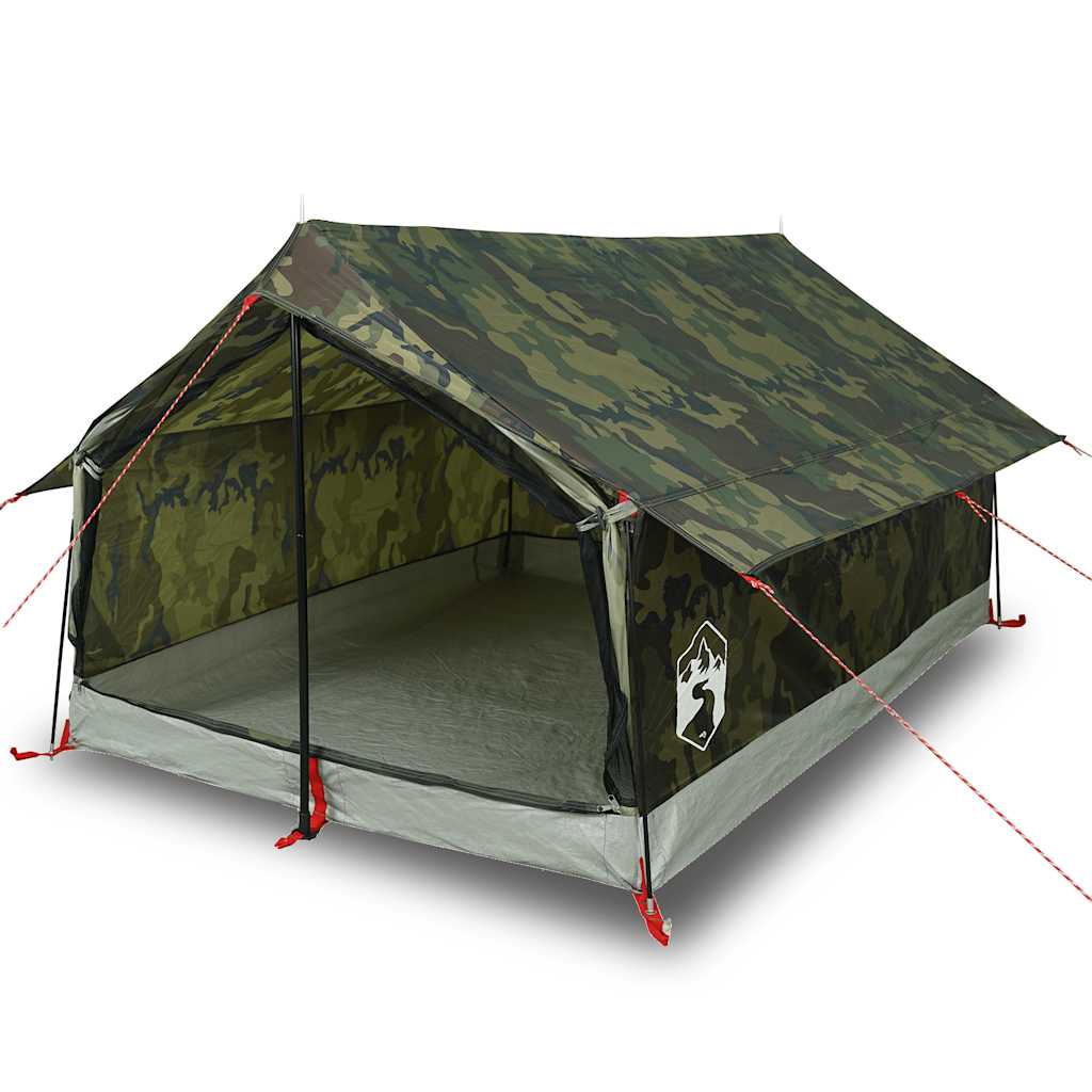 Detail van de vidaXL 2-persoons camouflage tent met open ingang en stevig grondzeil.