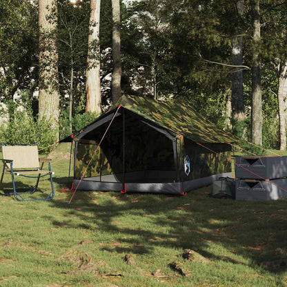 Zijaanzicht van de vidaXL 2-persoons camouflage tent in een bosrijke omgeving.