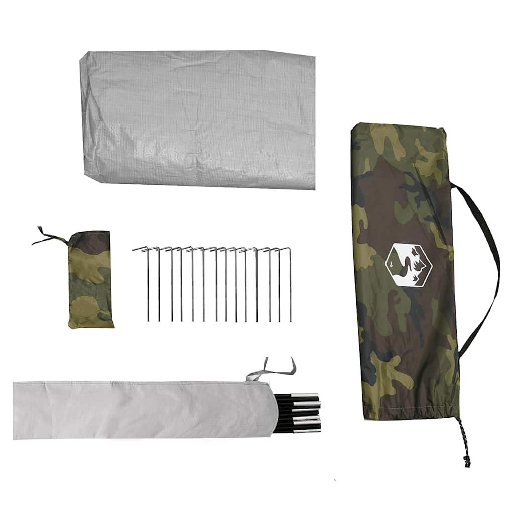 Camouflage tentaccessoires van vidaXL, inclusief haringen en stokken, netjes verpakt.