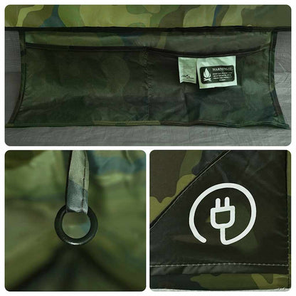 Detail van de gaaswanden met camouflagepatroon en ventilatieopening van de vidaXL tent.