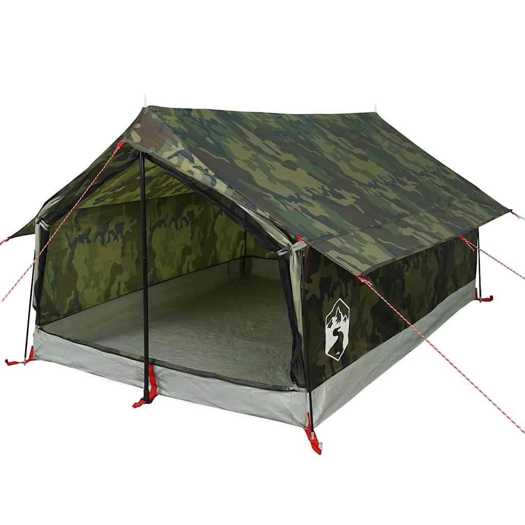 Detail van de vidaXL 2-persoons camouflage tent met open ingang en robuust grondzeil.