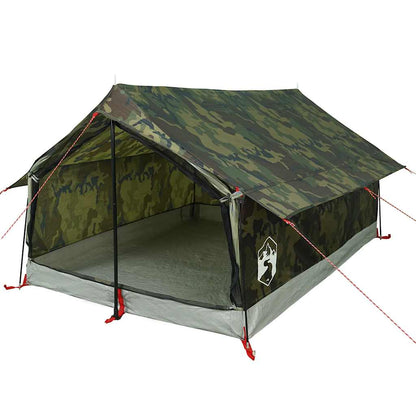 Detail van de vidaXL 2-persoons camouflage tent met open ingang en robuust grondzeil.