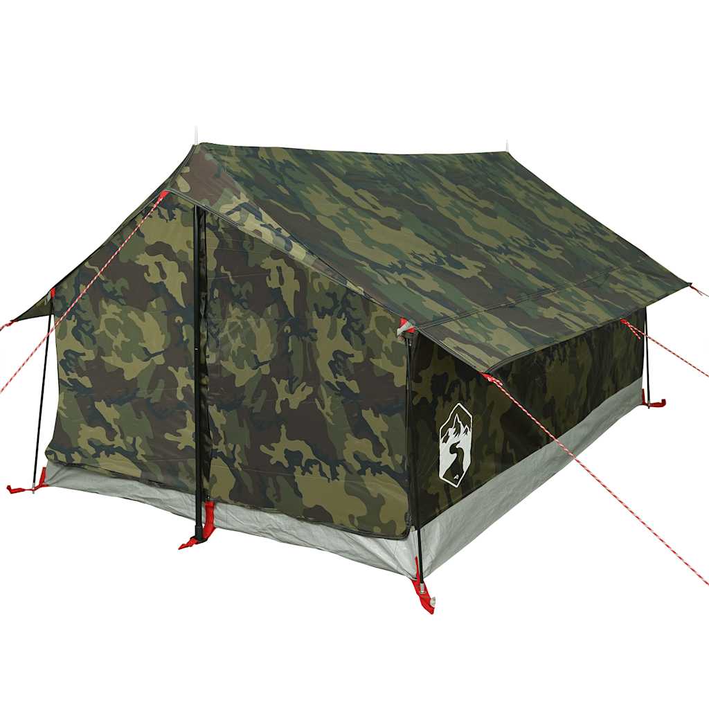 Detail van de camouflage tent vidaXL, met waterdichte buitenzijde en stevige bevestigingslijnen.