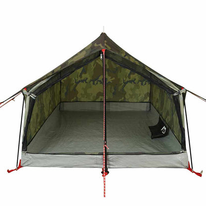 Detail van de vidaXL 2-persoons camouflage tent met open ingang en robuust grondzeil.