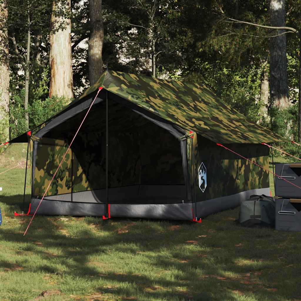 Tent vidaXL 2-persoons camouflage, waterdicht met open voorkant in bosrijke omgeving.