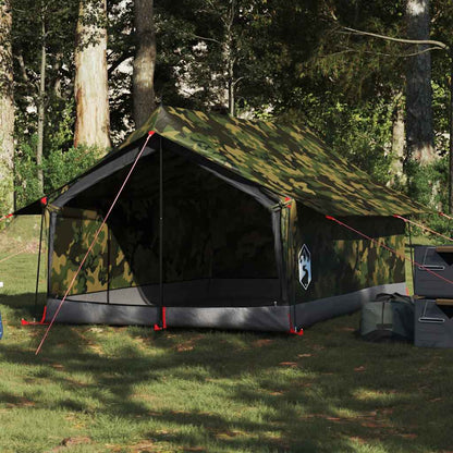 Tent vidaXL 2-persoons camouflage, waterdicht met open voorkant in bosrijke omgeving.
