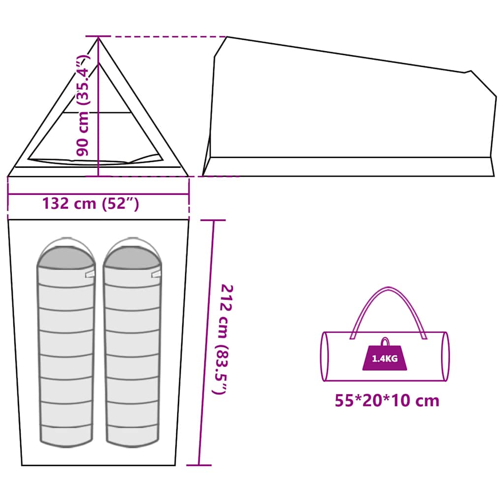 Detailweergave van de tentafmetingen en het opbergtasje van de vidaXL 2-persoons tent.