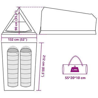 Detailweergave van de tentafmetingen en het opbergtasje van de vidaXL 2-persoons tent.