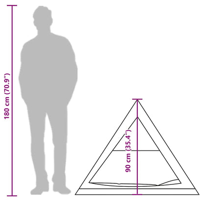 Detail van de tent met afmetingen en silhouet van een persoon voor schaal.