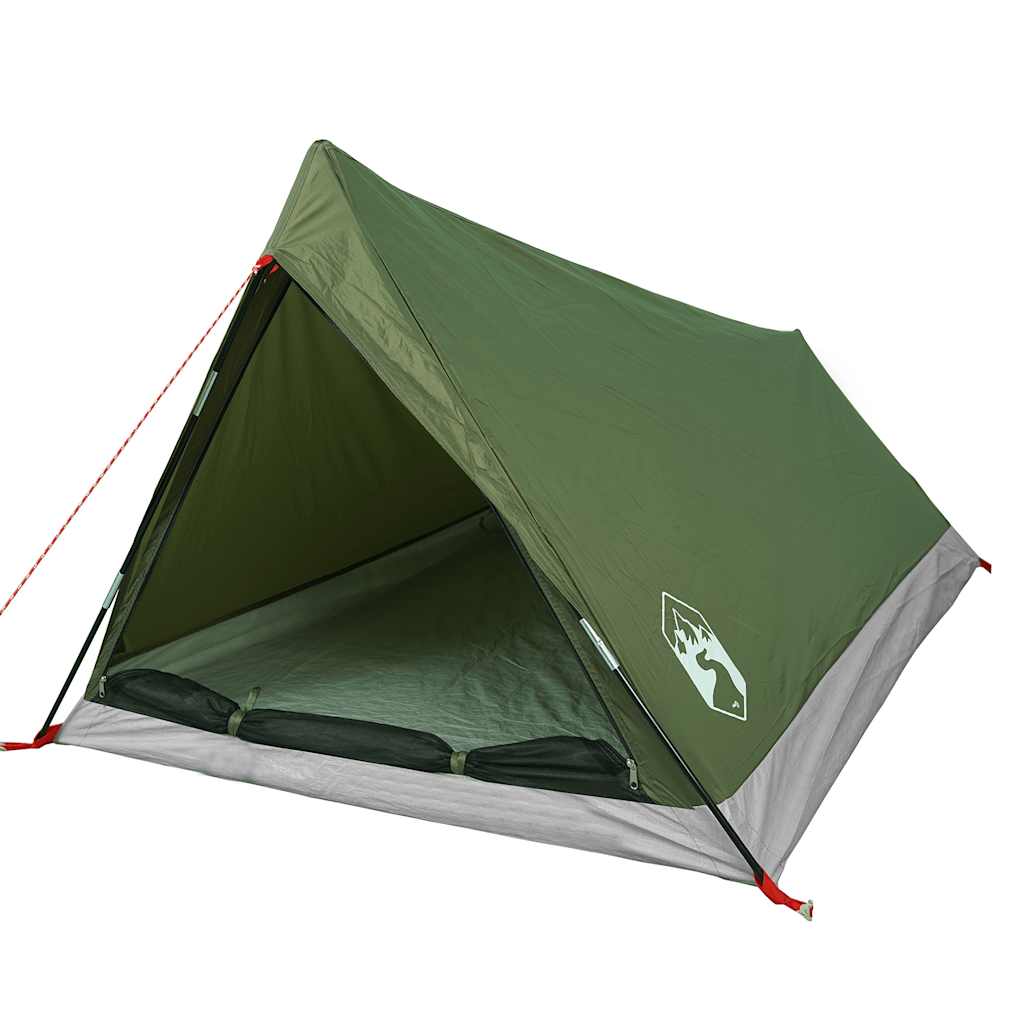 Zijaanzicht van de vidaXL 2-persoons tent in olijfgroen, met open ingang en ventilatie.