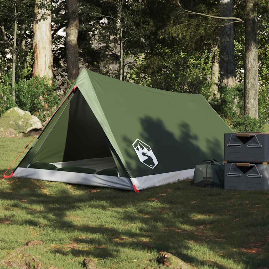 Olijfgroene vidaXL tent voor twee personen, waterdicht en lichtgewicht, in bosrijke omgeving.
