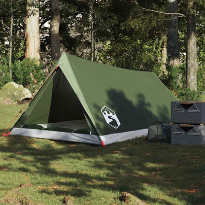Olijfgroene vidaXL tent voor twee personen, waterdicht en lichtgewicht, in bosrijke omgeving.