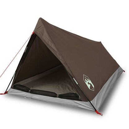 Zijaanzicht van de vidaXL 2-persoons waterdichte bruine tent met ingeklapte ingang.