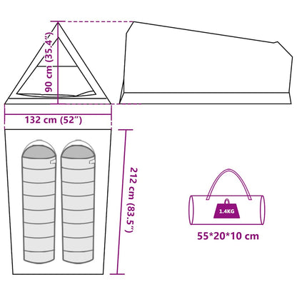 Detail van de afmetingen en het lichte, compacte ontwerp van de vidaXL 2-persoons tent.