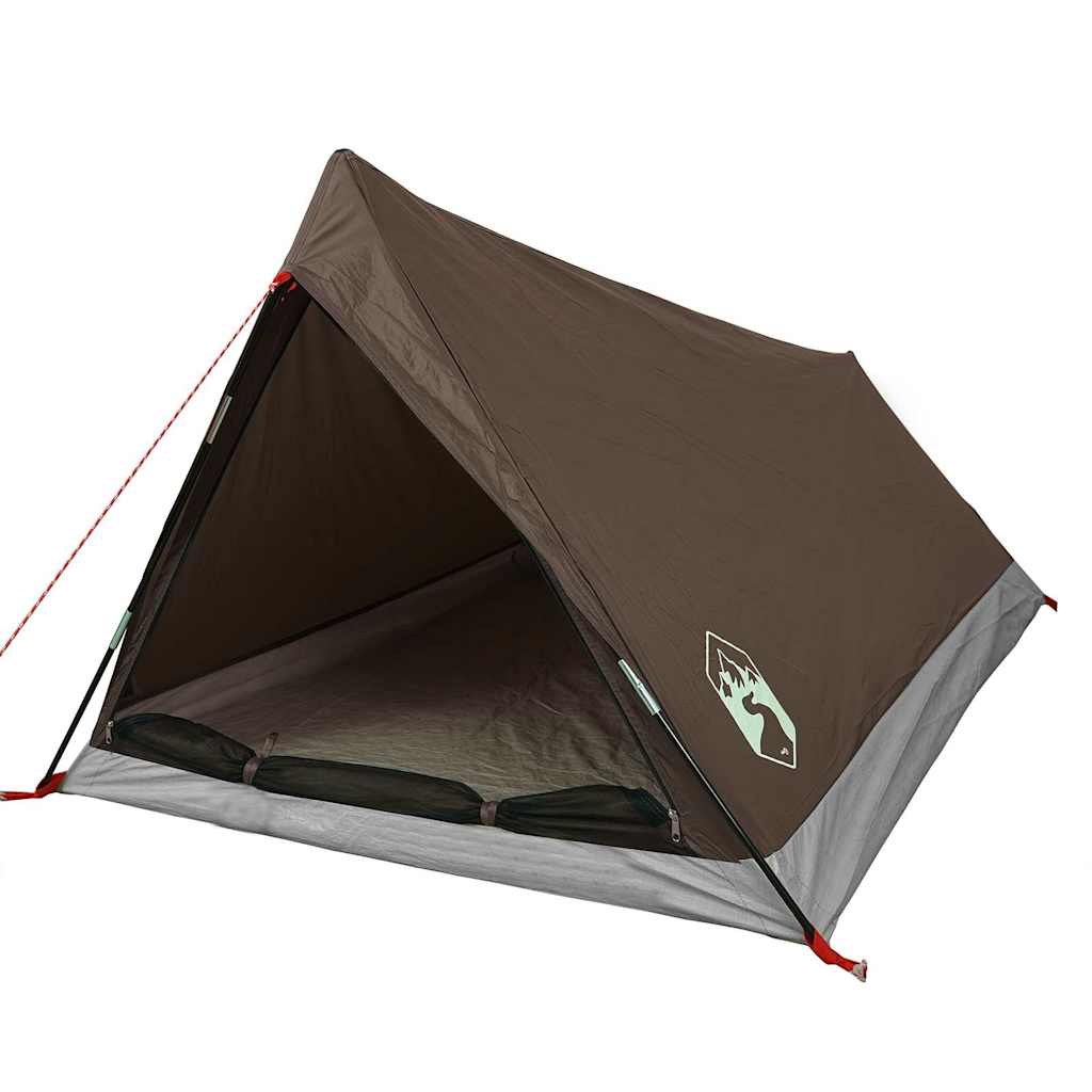 Detail van de bruine vidaXL 2-persoons tent met open ingang en gaaswanden.