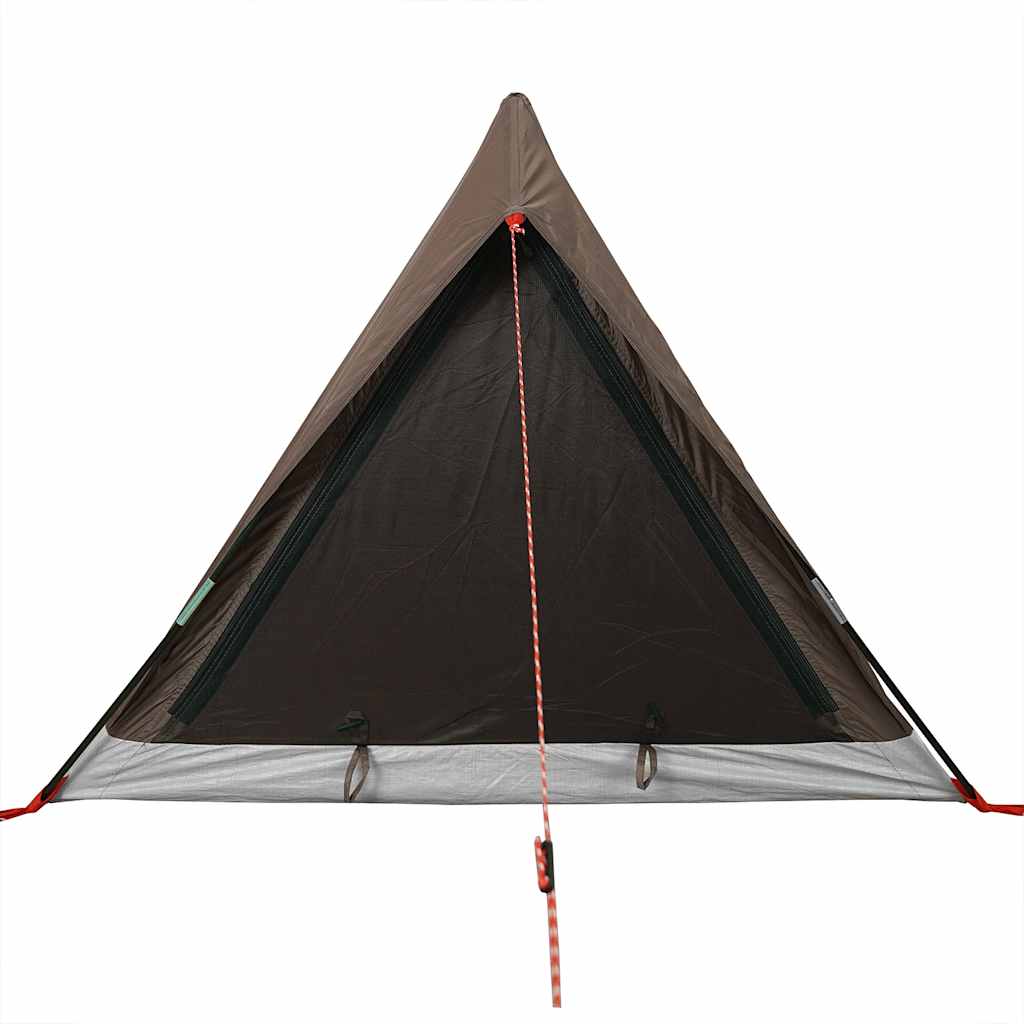 Detail van de bruin waterdichte tent met gaaswanden en stevige bevestigingspunten.
