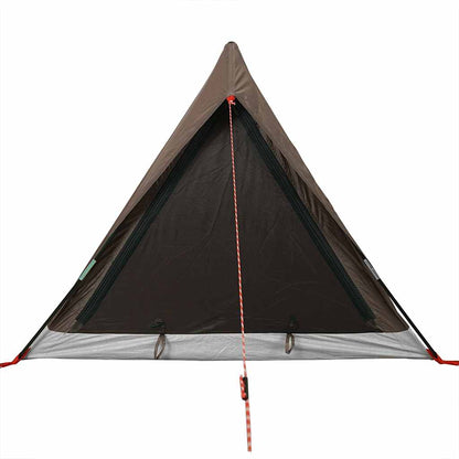 Detail van de bruin waterdichte tent met gaaswanden en stevige bevestigingspunten.