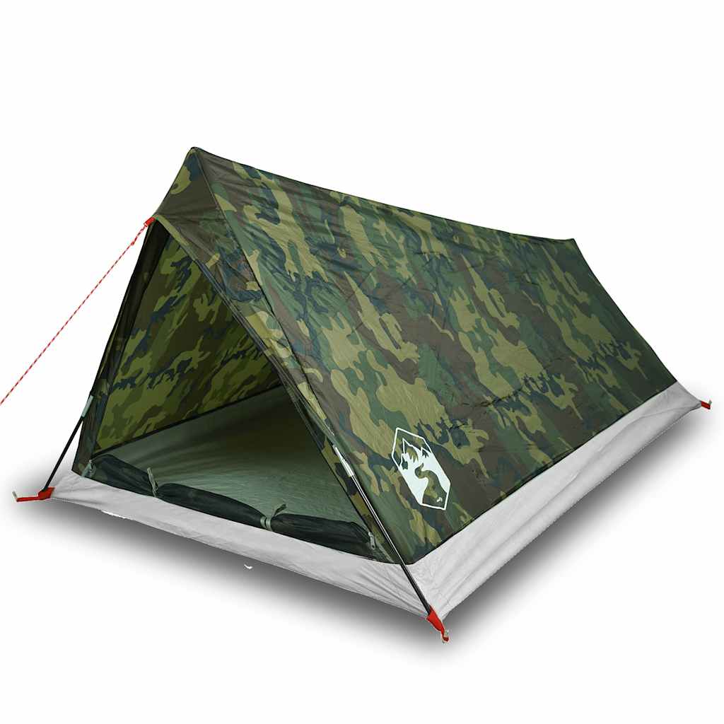 Detail van de vidaXL 2-persoons camouflage tent met open ingang en waterdichte coating.