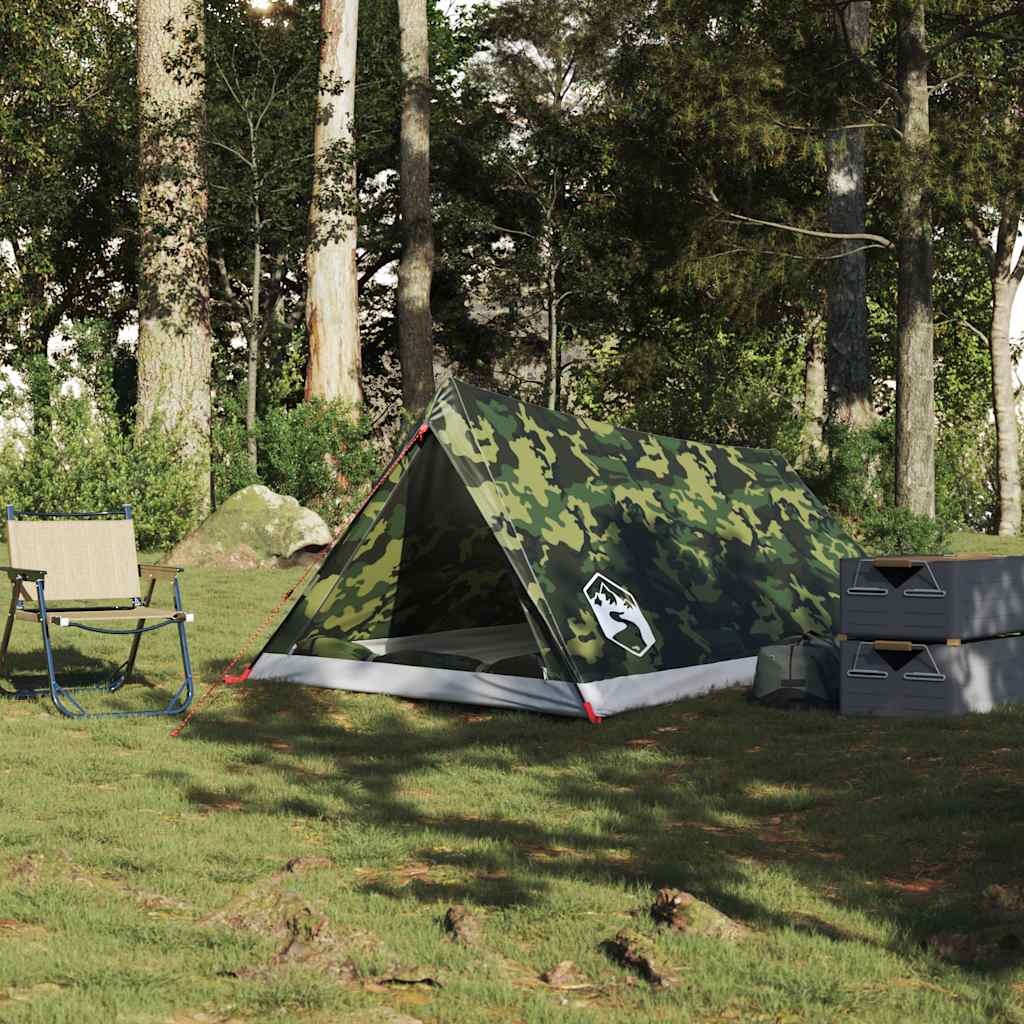 Detail van de camouflage tent vidaXL, met open ingang en groene omgeving.