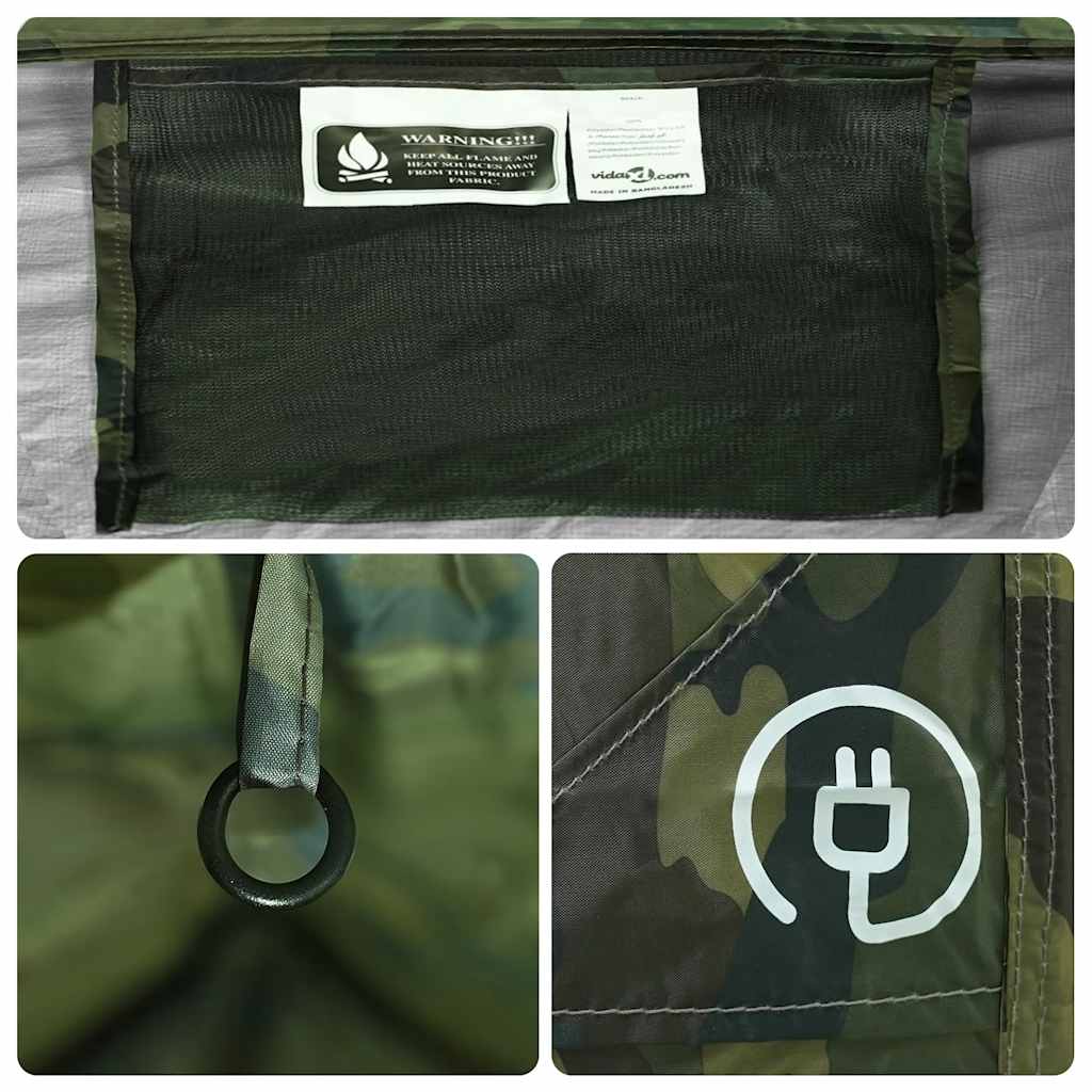 Detail van de gaaswand en bevestigingsring van de vidaXL 2-persoons camouflage tent.