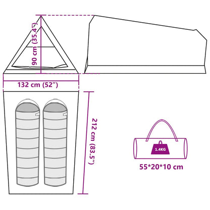 Detail van de afmetingen en draagtas van de vidaXL 2-persoons waterdichte tent.