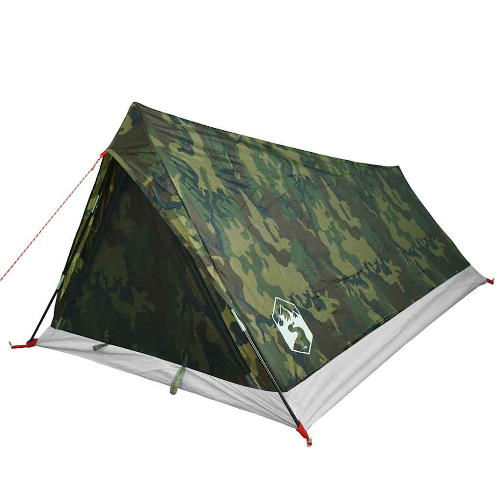 Detail van de vidaXL 2-persoons camouflage tent met waterdichte bekleding en ventilatiegaas.