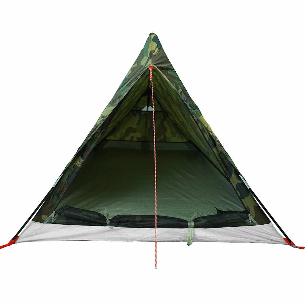 Detail van de vidaXL 2-persoons camouflage tent, zijaanzicht met open ingang en gaasventilatie.