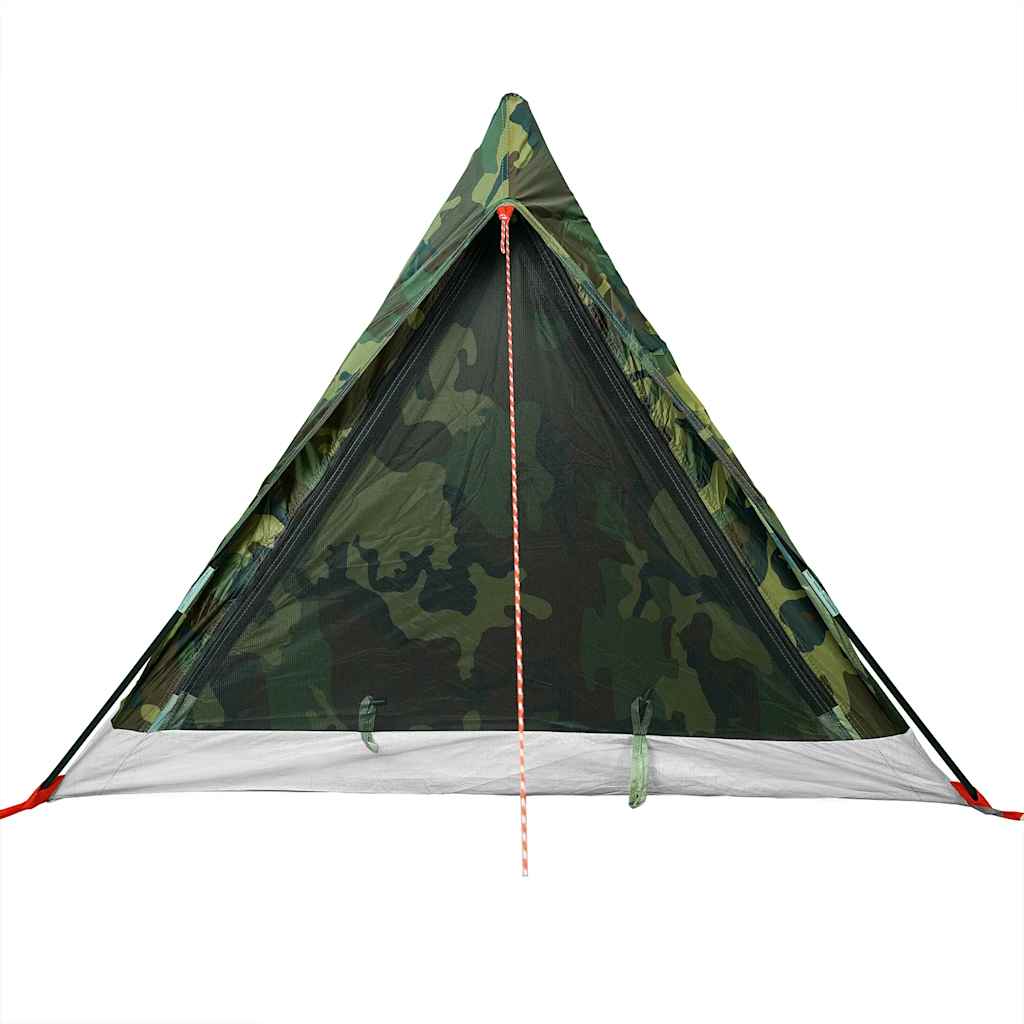 Detail van de tent vidaXL 2-persoons in camouflage, zijaanzicht met gaasventilatie.