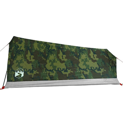 Detail van de camouflage buitenkant van de vidaXL 2-persoons tent, zijaanzicht.