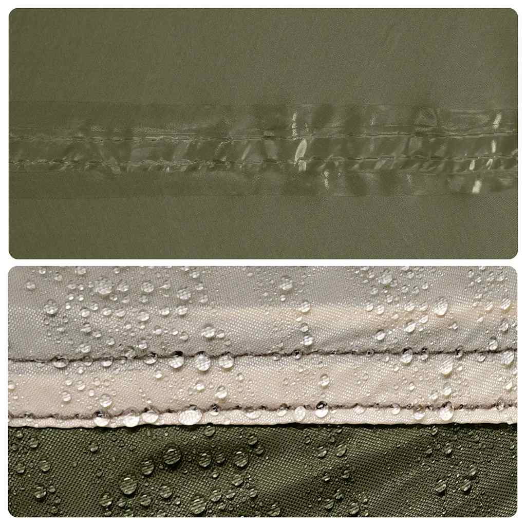 Detail van de getapete naden en waterdruppels op de olijfgroene vidaXL tunneltent.