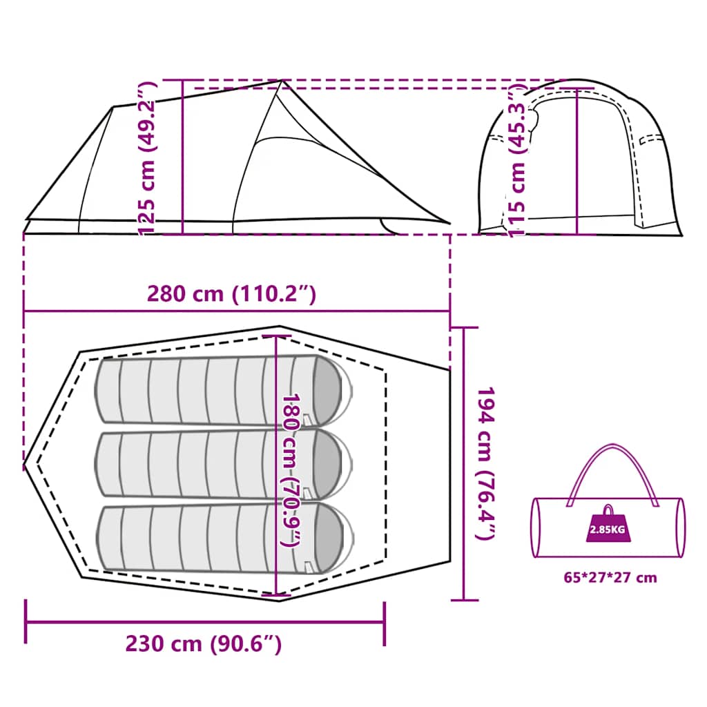 Detail van de afmetingen en indeling van de vidaXL 3-persoons tunneltent in olijfgroen.
