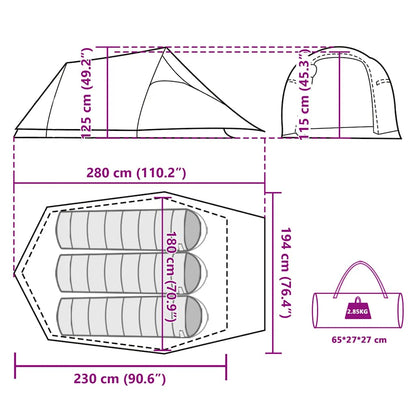 Detail van de afmetingen en indeling van de vidaXL 3-persoons tunneltent in olijfgroen.