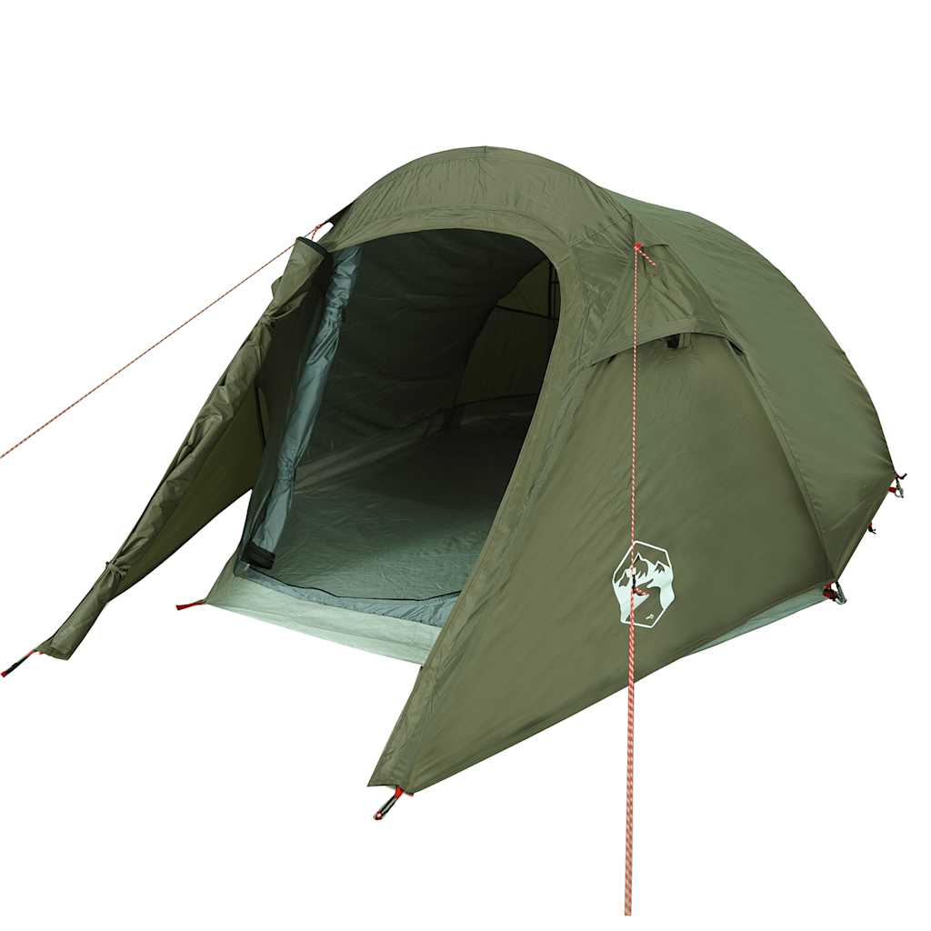 Detail van de olijfgroene vidaXL tunneltent met open ingang en waterdichte bekleding.