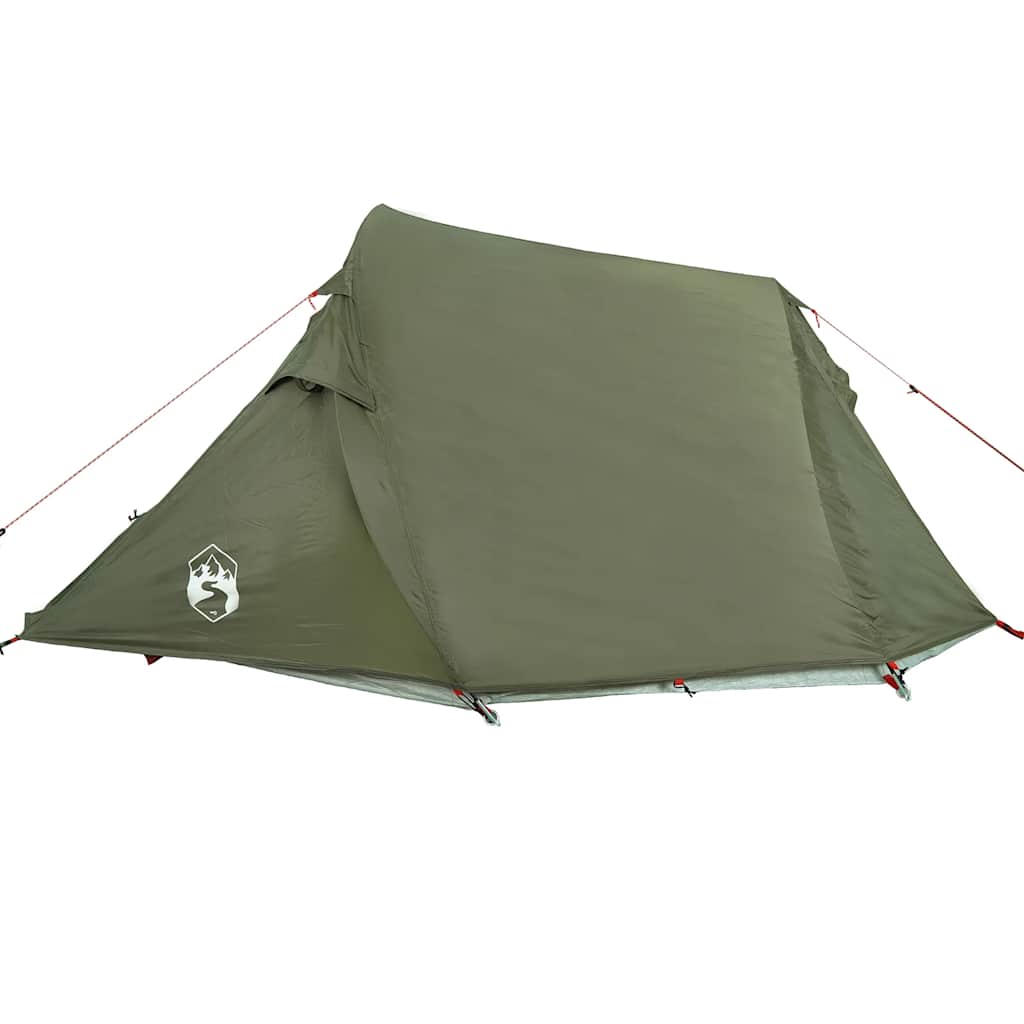 Detail van de olijfgroene vidaXL tunneltent met een schuin dak en ventilatieopening.