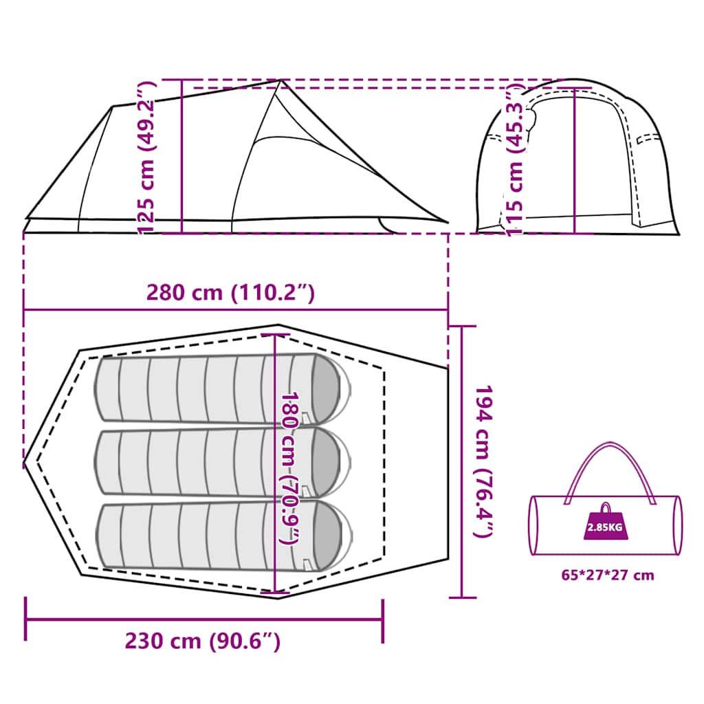 Detailweergave van de vidaXL tunneltent met afmetingen en opbergmogelijkheden.