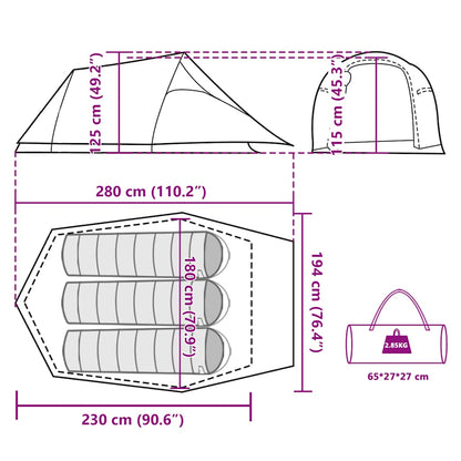 Detailweergave van de vidaXL tunneltent met afmetingen en opbergmogelijkheden.