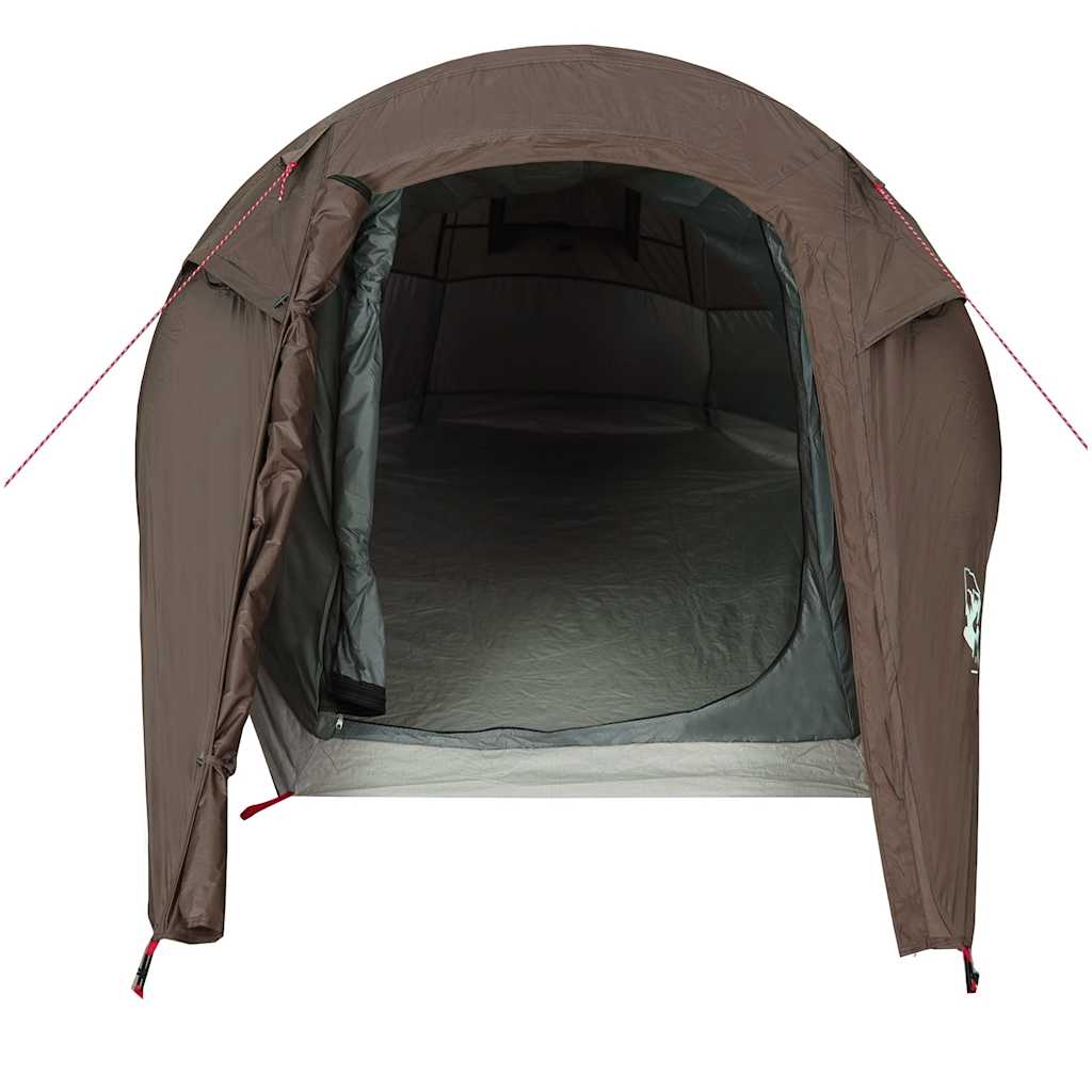 Detail van de bruin waterdichte vidaXL tunneltent met open ingang en ruime binnenruimte.