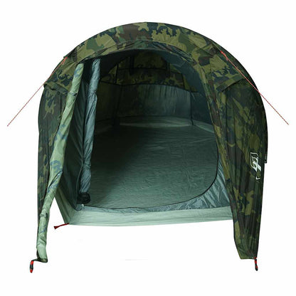 Zijaanzicht van de vidaXL 3-persoons camouflage tunneltent met open ingang.