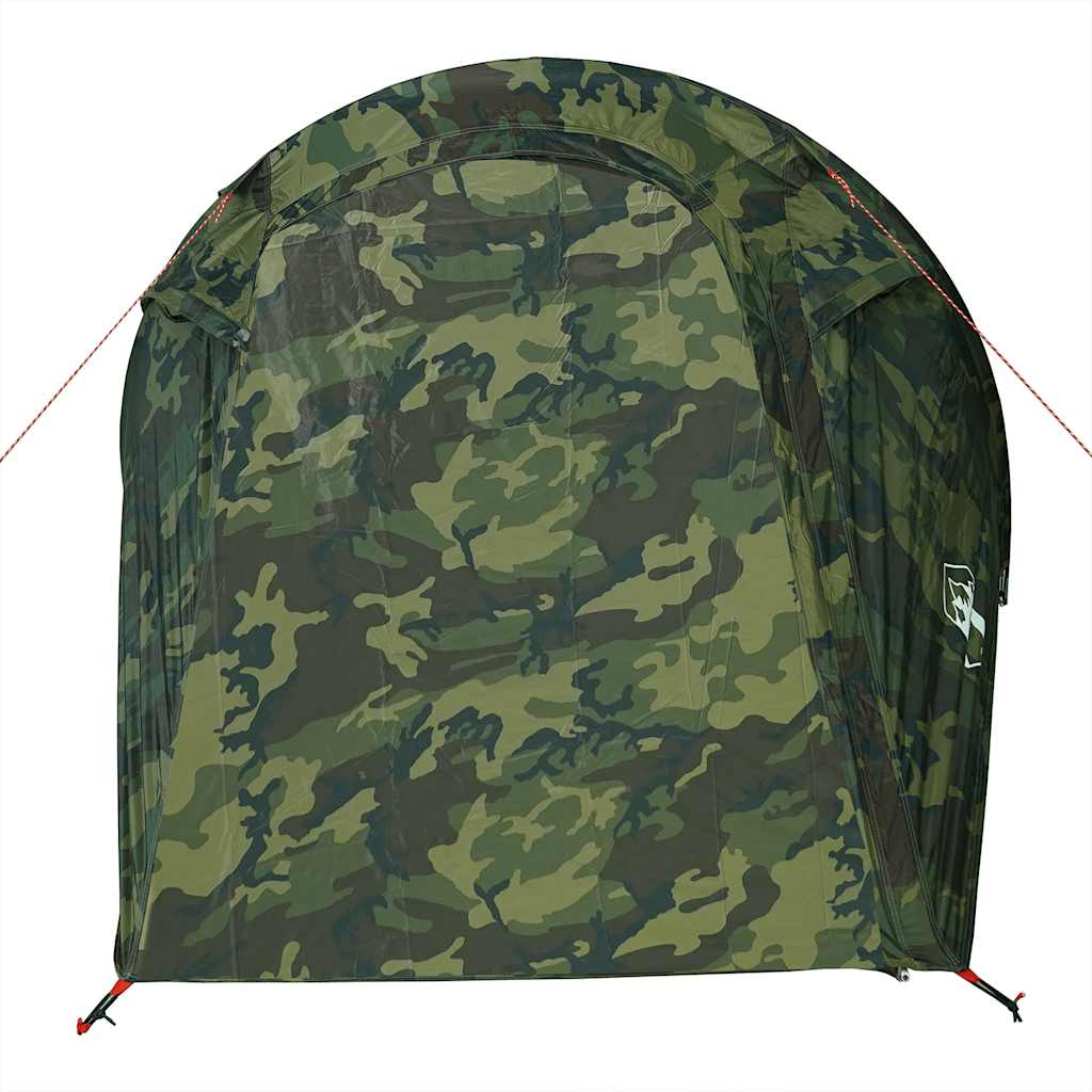 Detail van de vidaXL tunneltent in camouflagekleur, zijaanzicht met ventilatierooster.