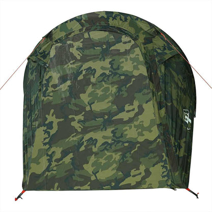 Detail van de vidaXL tunneltent in camouflagekleur, zijaanzicht met ventilatierooster.