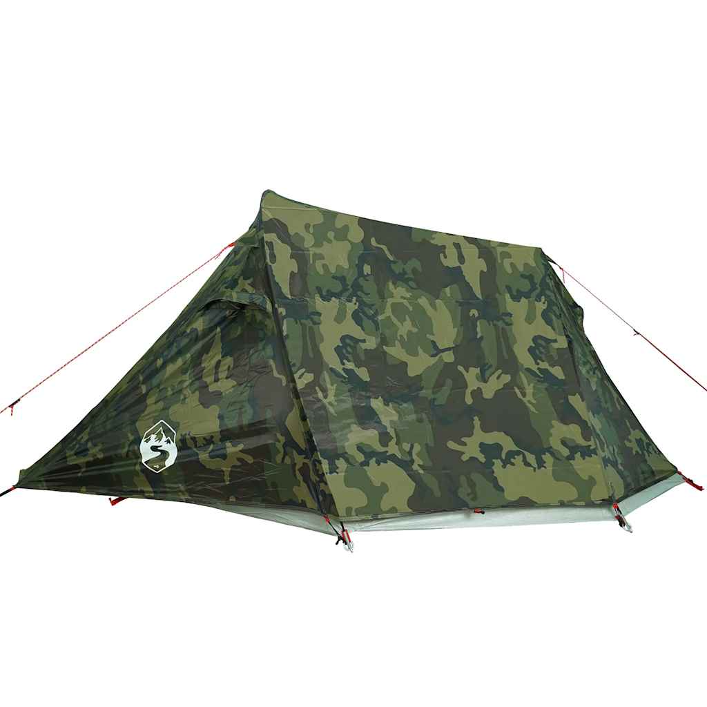 Detail van de vidaXL 3-persoons camouflage tunneltent met waterdichte bekleding.