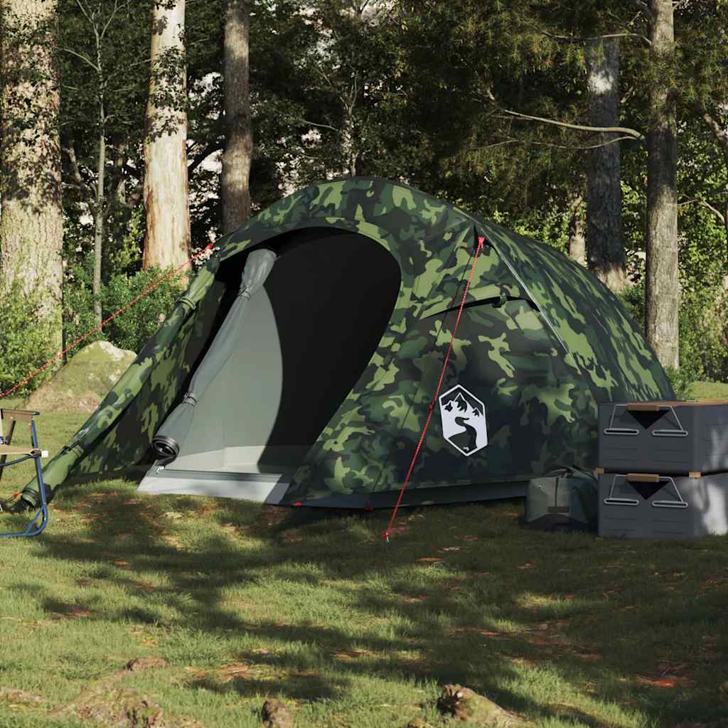 vidaXL tunneltent 3-persoons in camouflage, waterdicht en windbestendig, opgesteld in het bos.