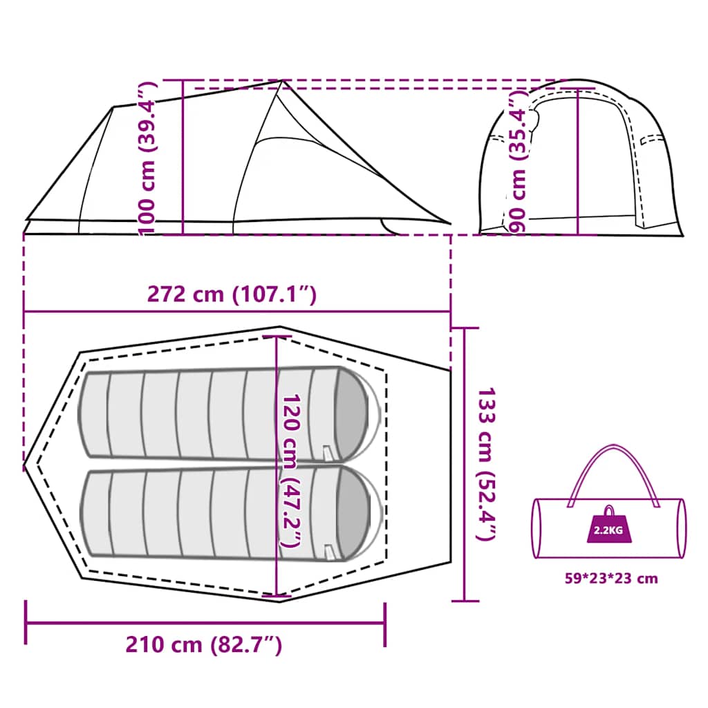 Detailweergave van de vidaXL 2-persoons tunneltent met afmetingen en indeling.