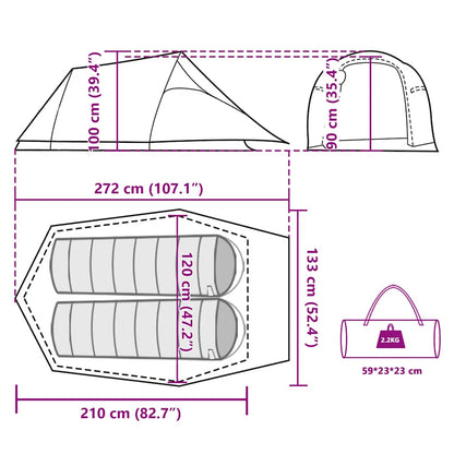 Detailweergave van de vidaXL 2-persoons tunneltent met afmetingen en indeling.