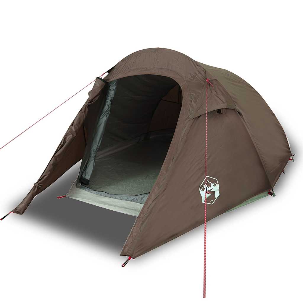 Detail van de vidaXL 2-persoons tunneltent in bruin, met open ingang en waterdichte stof.