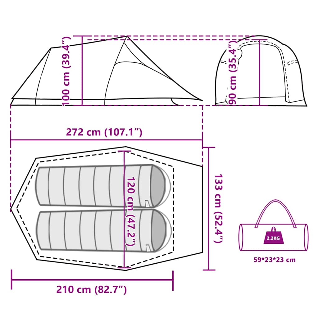 Detailweergave van de vidaXL 2-persoons tunneltent met afmetingen en indeling.