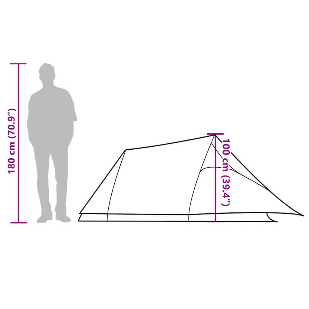 Detail van de vidaXL tunneltent met afmetingen en zijaanzicht van de tent.