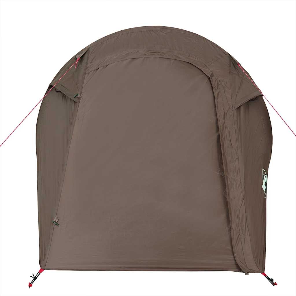Detail van de bruin vidaXL tunneltent met een waterdichte ingang en stevige rits.