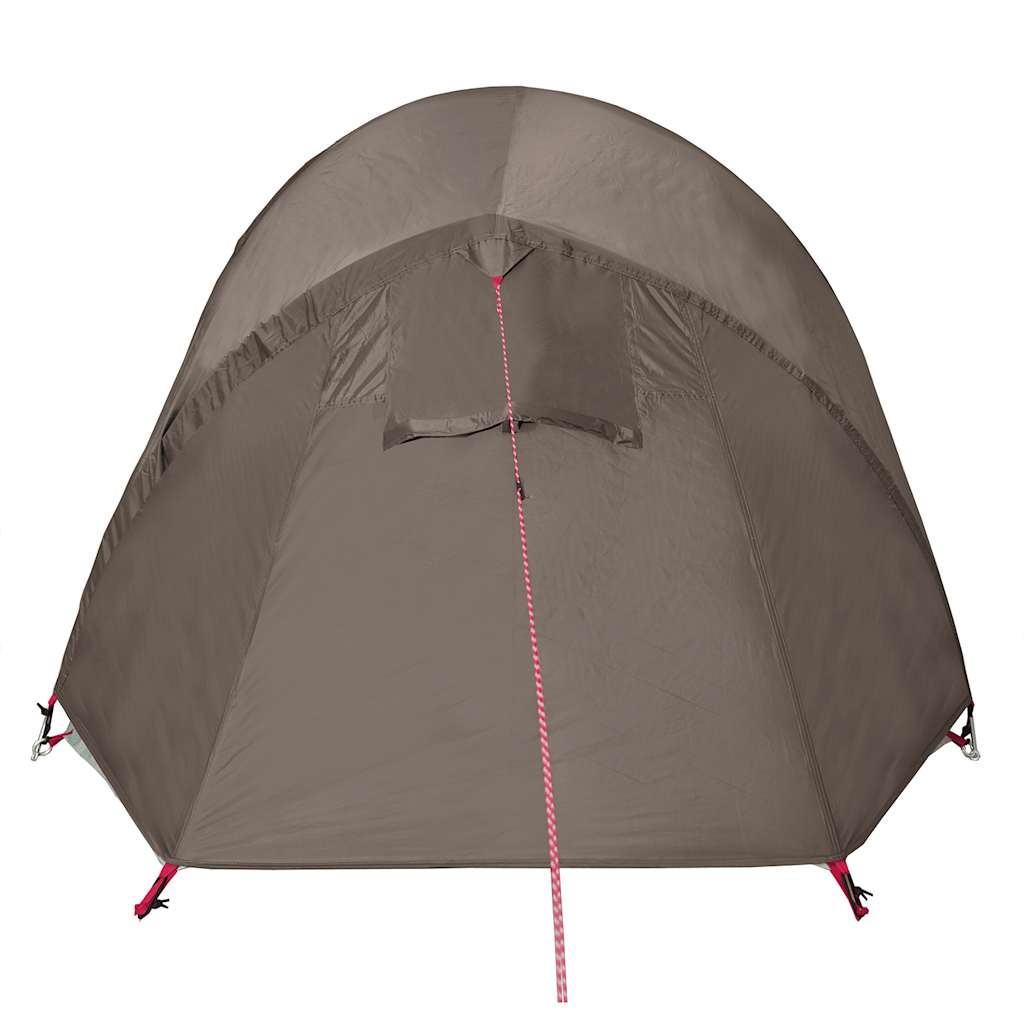 Detail van de vidaXL 2-persoons tunneltent in bruin, met zicht op de ingang en ventilatierooster.