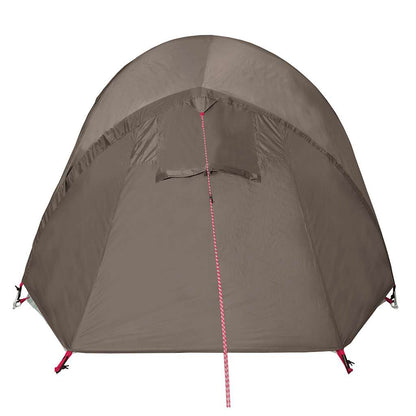 Detail van de vidaXL 2-persoons tunneltent in bruin, met zicht op de ingang en ventilatierooster.
